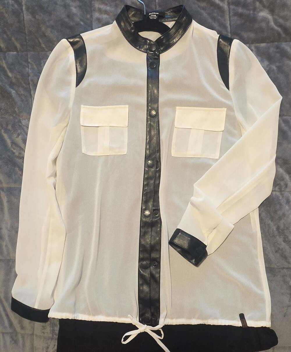 Rudsak - Long-sleeved sheer white blouse featuring black leather accents
